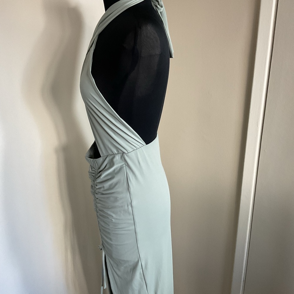 Babyboo Sage Green Cut-Out Halter Maxi Dress Ruched Slit Night Out Size L - Picture 9 of 9